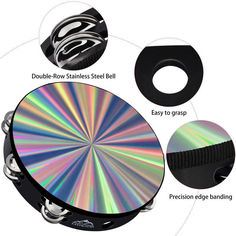 EASTROCK Radiant Tambourine Hand Held Drum 10 Inch Double Row Jingles Reflective Tambourine Musical Instrument for Adults Church KTV Party (2 Packs) 10 inch (2 Pack)