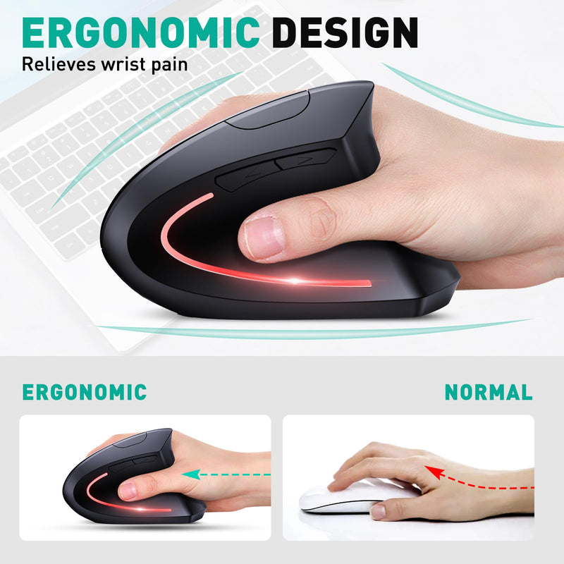 Bluetooth and 2.4G (2-in-1) Rechargeable Wireless Mouse, Ergonomic Vertical Design, 1000/1200/1600 DPI, 6 Silent Buttons, for Laptop, Computer, PC, MacBook, Chromebook-Black