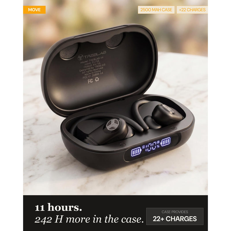 TREBLAB X4 Over the Ear Earbuds Wireless Bluetooth, 11H, IPX5 | Bluetooth Headphones Waterproof IPX5, 2500mAh Powerbank Case, Gaming Mode 60ms, ENC Mic, Sport Hook Fit