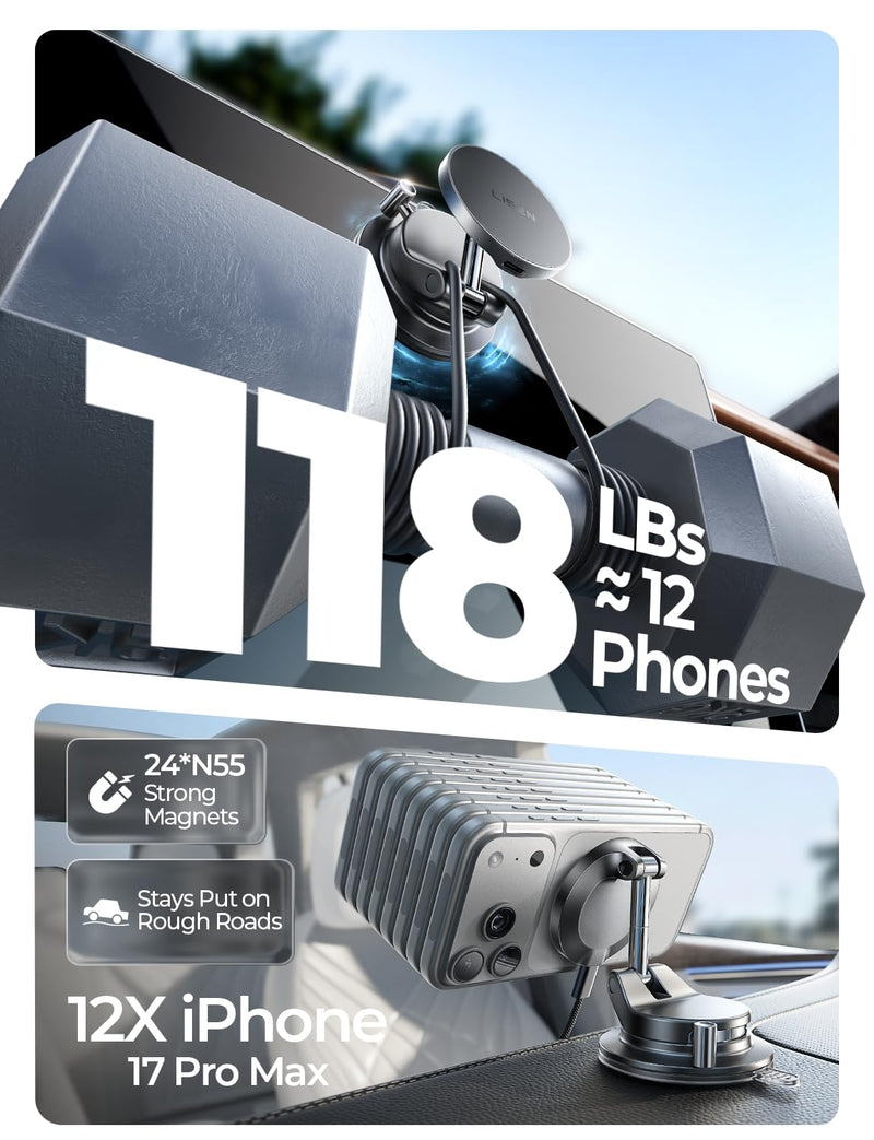 LISEN 15W MagSafe Car Mount Charger, Magnetic Wireless Car Phone Holder | [Easiest Mount] 96LBS Vacuum Suction Car Mount, 360° Magnetic Phone Holders for Your Car, for iPhone 17-12, Pixel 10, Samsung Black 1 Pack