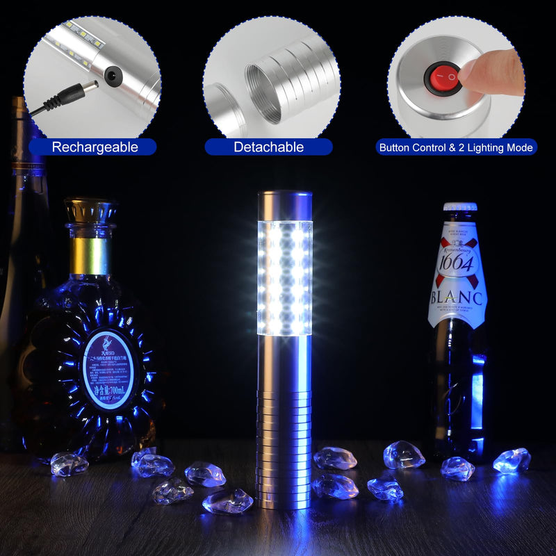 WILON Bottle Service Lights Rechargeable Bottle Service Sparklers Reusable Handheld Girl Lights LED Baton Strobe Light for Parties Bar Club Nightclub Birthday Weddings - 2 Pack Silver-2P