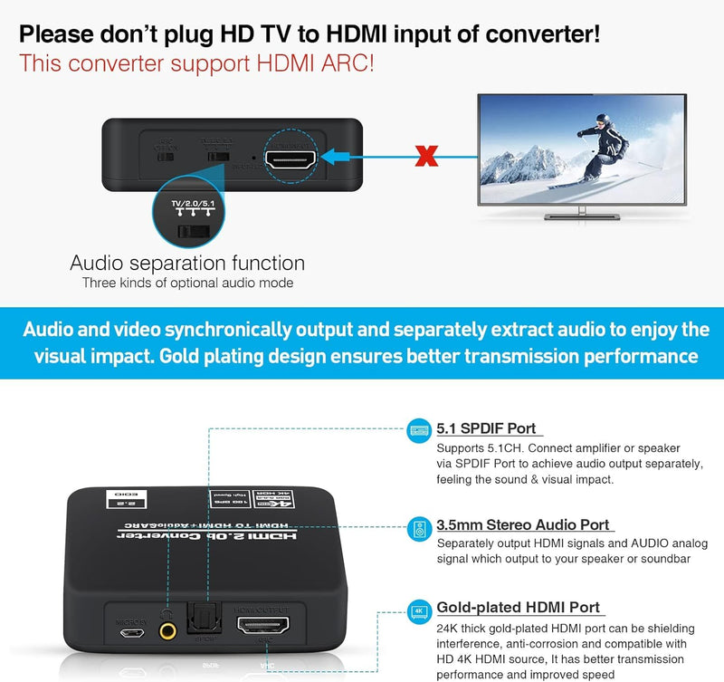 [AUSTRALIA] - 4K@60Hz HDMI 2.0b Audio Extractor Converter Adapter Splitter, HDMI ARC + Optical Toslink SPDIF + 3.5mm Stereo Audio Out, Support HDCP2.2 Digital PCM DTS 5.1, (Optical/HDMI Cables Included) 