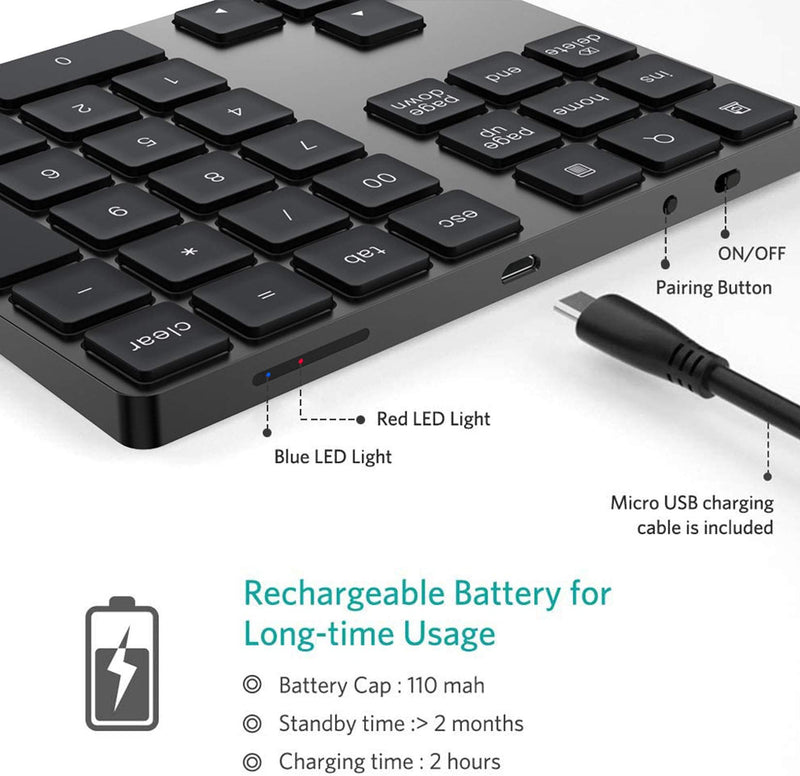 Bluetooth Numeric Keypad, Rechargeable Aluminum 34-Key Number Pad Slim External Numpad Keyboard Data Entry Compatible for MacBook, MacBook Air/Pro, iMac Windows Laptop Surface Pro etc Black