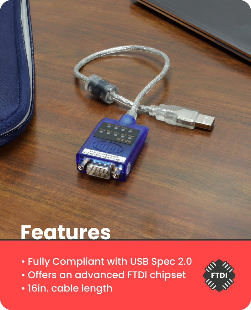 Gearmo 16in. USB 2.0 to RS-232 Serial Converter w/ LED Indicators & FTDI