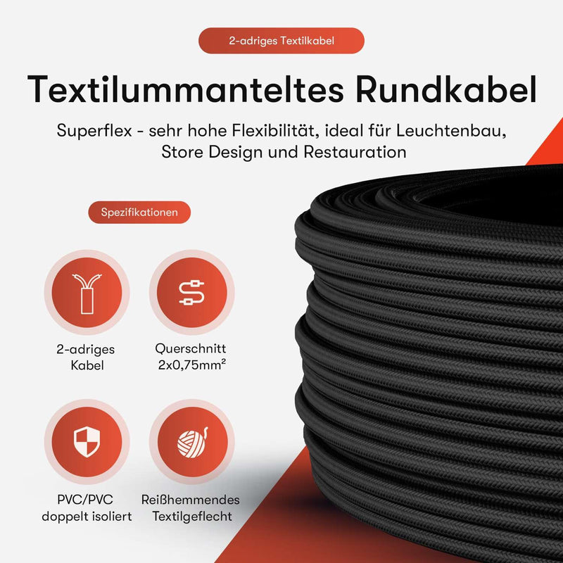 Textile Cable for Lamps, Various Colours, 2 Core, 2 x 0.75 mm2, black 3 Meter