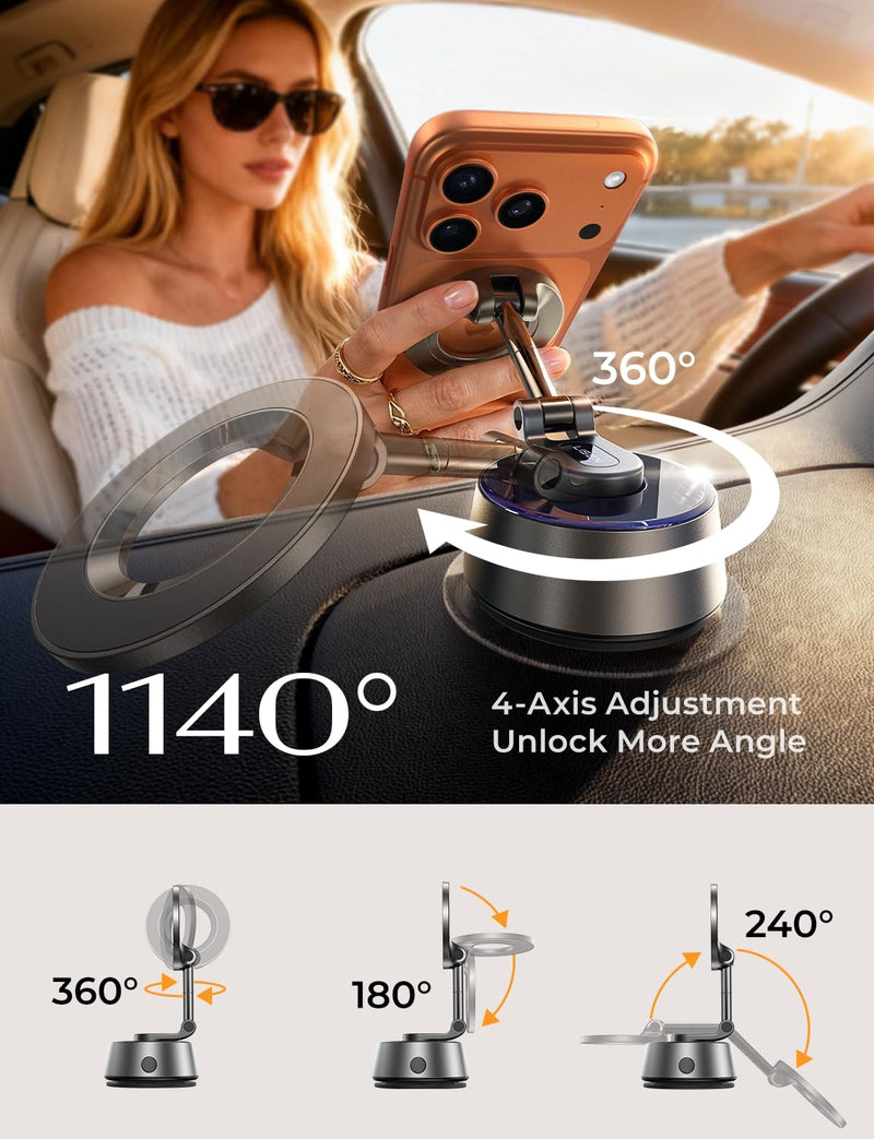 LISEN Suction Phone Mount【2026 Auto Vacuum 3.0】, 360 Adjustable Magnetic Phone Holder for Car Dashboard Universal Magsafe Accessories Gifts for Men Women for iPhone 17 Pro Max Air 16 15 14 13 12 Deep Gray