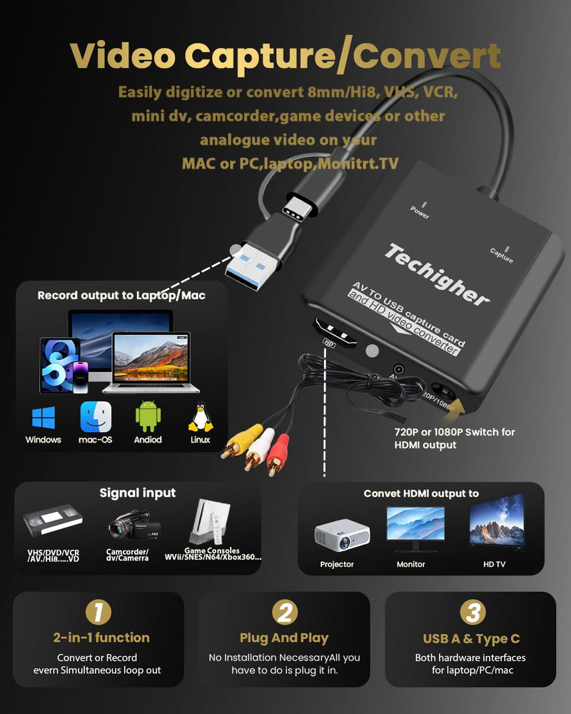 [AUSTRALIA] - VHS to Digital Converter & RCA to HDMI Adapter USB Video Capture Card for VCR/DVD/AV/PS2/Wii,av to hdmi converter Analog to Digital & HD Display Output, wii hdmi adapter,Save/Convert OldVideo VHS CAP/Converter 