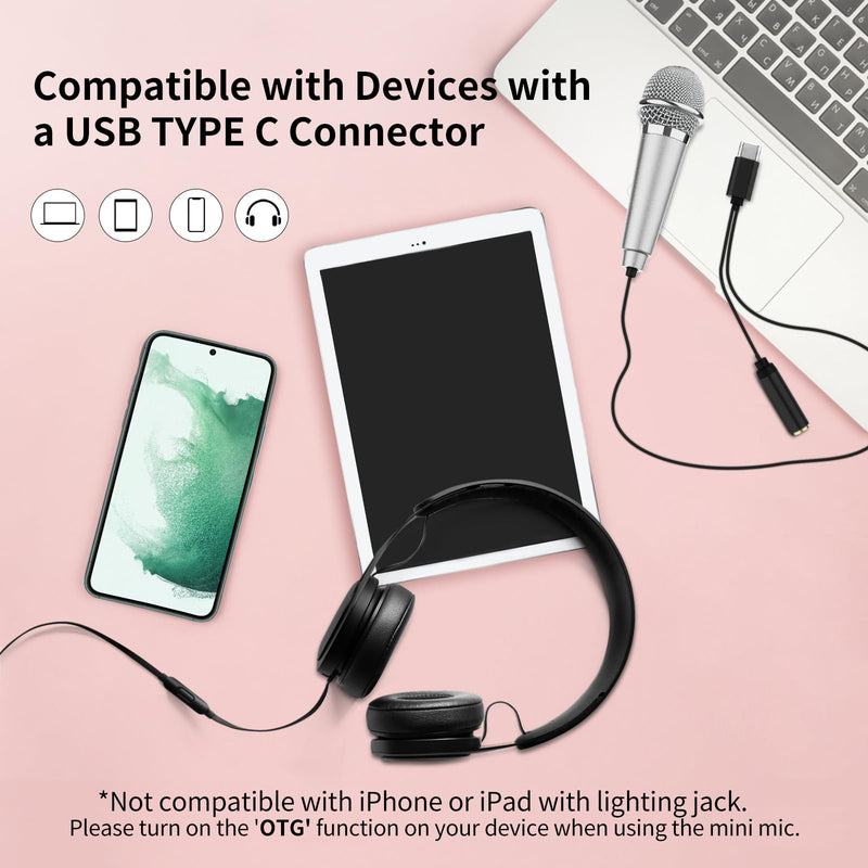USB C Mini Karaoke Microphone for Android Phone, Laptop, Tablets Small ASMR Microphone for Voice Video Recording Singing, Vlogging, Podcasting YouTube (1 PCS Silver)