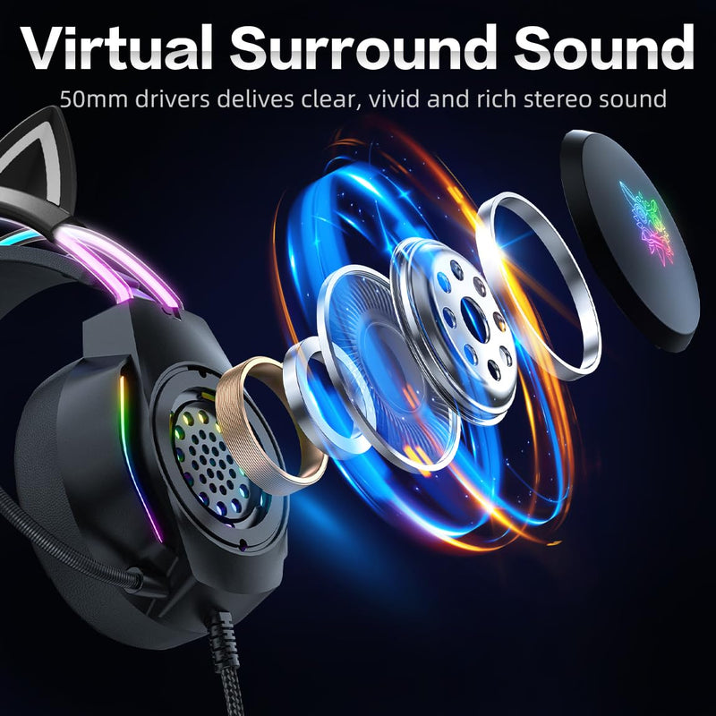 Gaming Headset with Microphone, Cat Ear Headphones for PC Laptop PS4 PS5 Xbox Switch, Rainbow RGB Lighting & Virtual Surround Sound, 3.5mm Wired Over Ear Headphones, Ergonomic Black Cat Ear