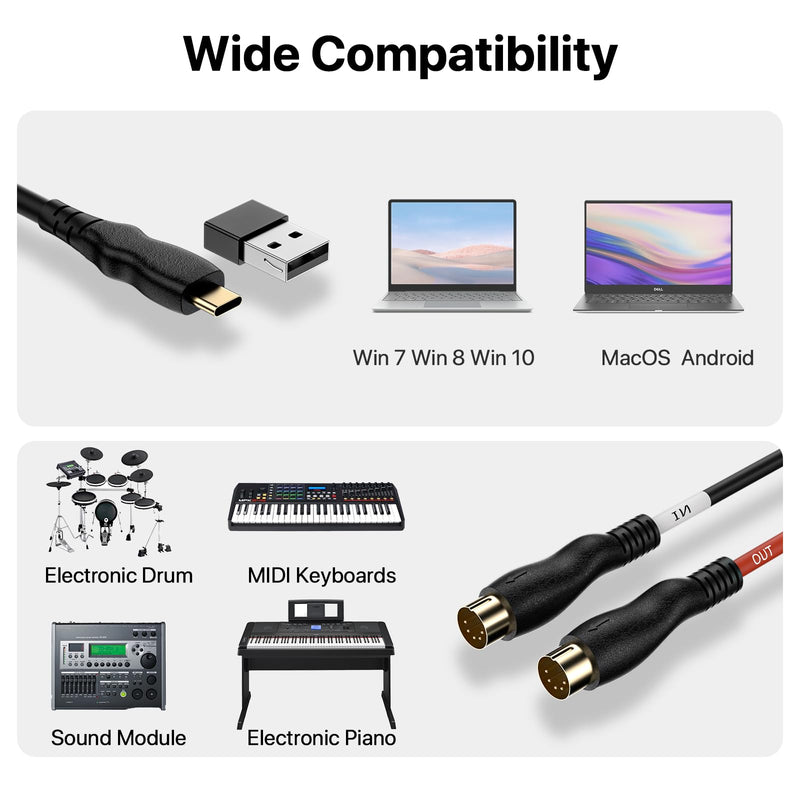 Type-C to MIDI Cable 6.5Ft,Type-C MIDI Interface Adapter,MIDI to Type-C Cable Converter for Music Keyboard Piano to PC Mac Laptop Windows Android