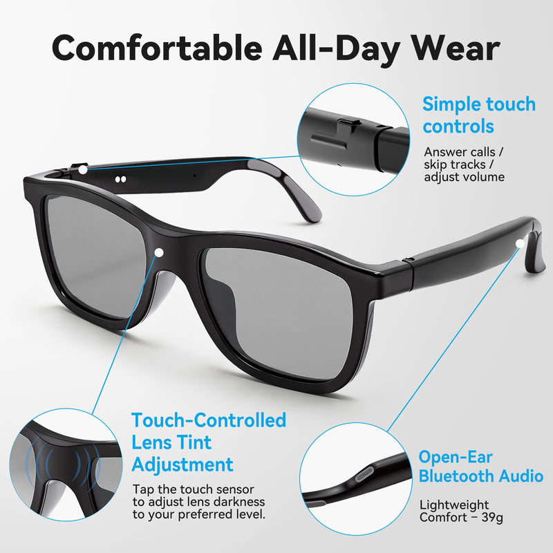 Smart Glasses with Bluetooth Speakers and Manual Tint Control, Adjustable Color Changing Sunglasses for Driving Fishing Hiking Outdoor, Hands-Free Calls and Music, Audio Glasses Men Women