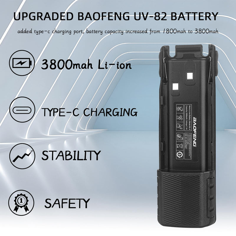 [AUSTRALIA] - BAOFENG UV-82 Battery,Upgrade 3800mAh High Capacity Extended BL-8 Battery with Type-C Charger for BAOFENG UV-82 UV-82L UV-82C UV-89 GMRS Series Two-Way Radio (2Pack) 2Pack 