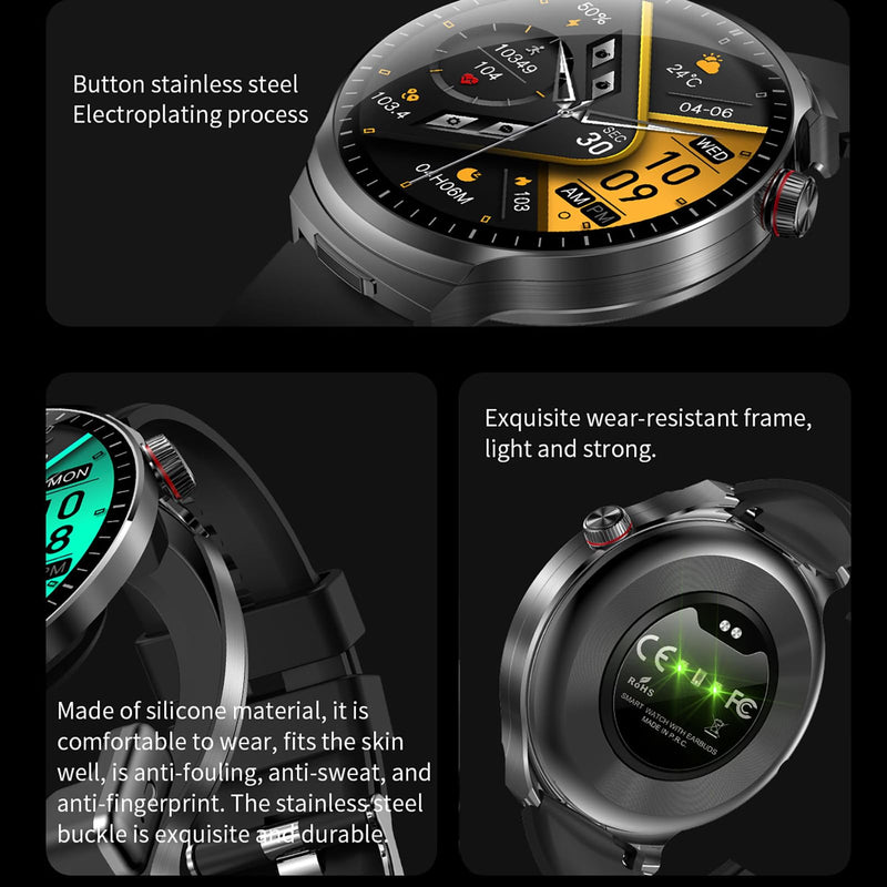 Smart Watch with Bluetooth Earbuds, 1.85-Inch Round HD Screen, Military Style, IP67 Waterproof, 100+ Sports Modes, Heart Rate Monitor, Sleep Tracker, Music Control Black