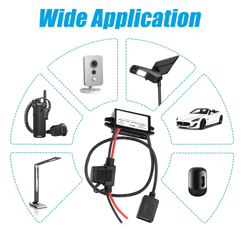 12 V to USB, 12 V to 5 V USB adapter, DC buck converter module 3 A 15 W DC to DC car power converter adapter with fuse (single USB) Single USB with fuse