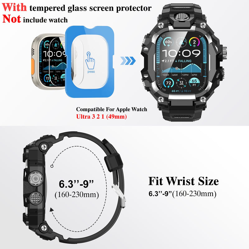 Sport Band with Rugged Case Compatible for Apple Watch Bands 49mm | Military Grade Protective Bumper Cover Tactical Strap for iWatch Ultra 3 2 1 Men (Silver 49 mm) Silver 49mm(Ultra 3 2 1)