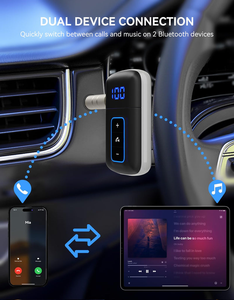 Bluetooth 5.3 Receiver for Car, [LED Screen] [Noise Cancelling] 3.5mm AUX Bluetooth Adapter, Wireless Audio Receiver for Wired Headphones/Home Stereo/Speaker, Music Playing, Hands-Free Call