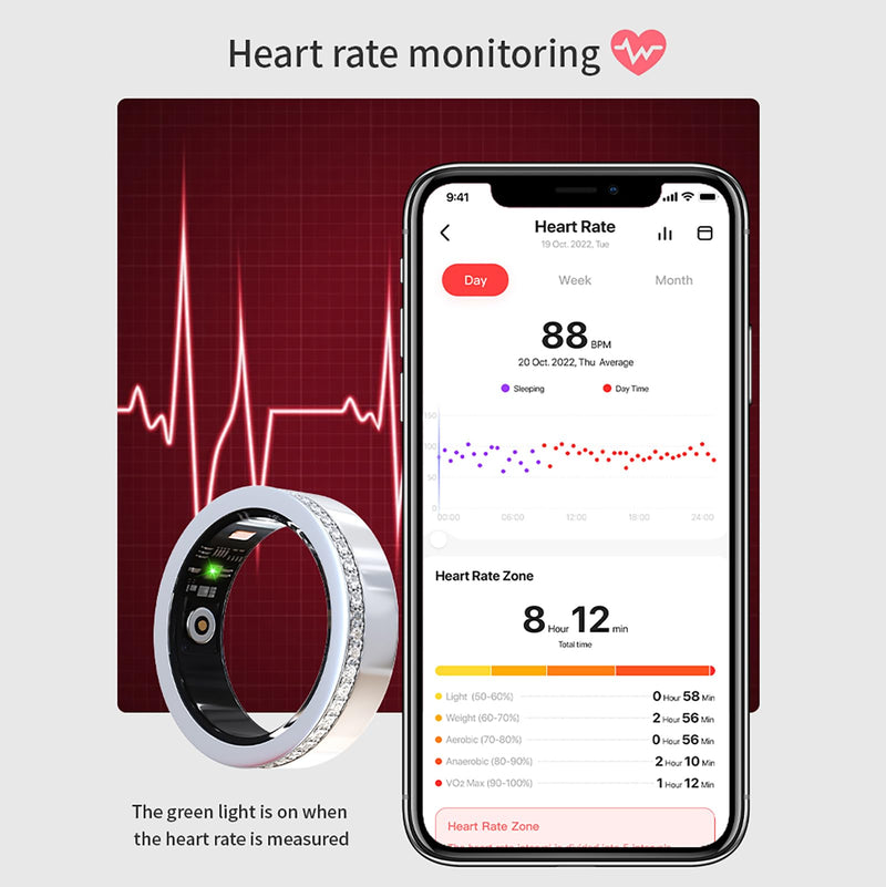 Smart Ring for Women Fitness Ring Diamond Activity Tracker Heart Rate Monitor Sleep Smart Rings Pedometer Calorie Step Counter Ladies Rings for Women Silver for iOS & Android 9