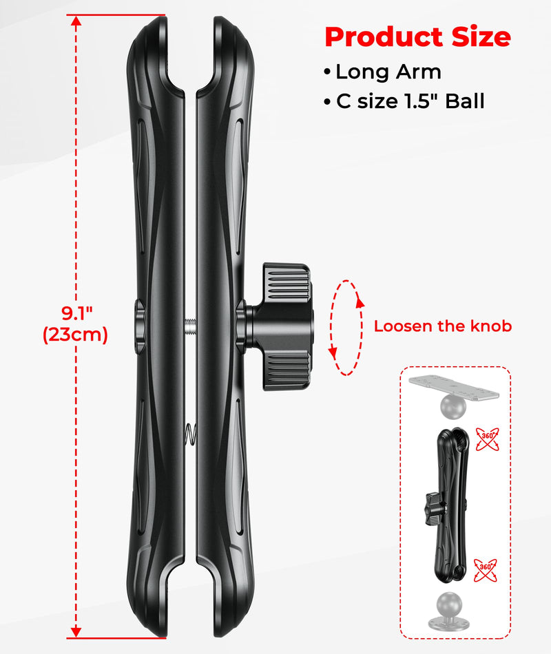 VAZESWIN 1.5" Ball Aluminum Alloy Double Socket Arm, 9.1" Length Long Arm | Compatible with RAM Mounts C Size 1.5" Ball Components, 360° Rotation, for Fish Finder Mount, Marine Electronic Mount
