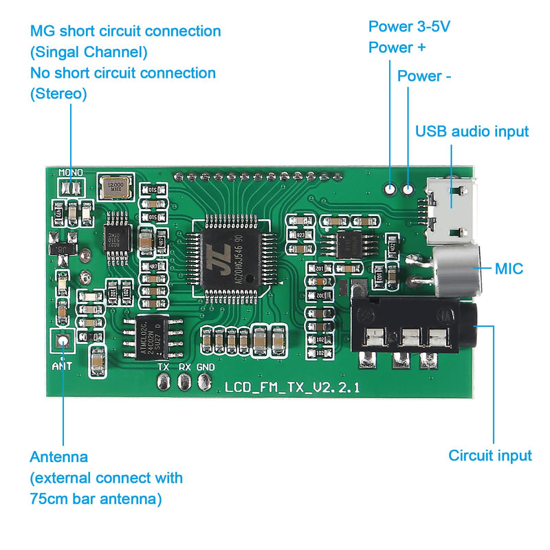 [AUSTRALIA] - 2pcs DC 3V-5V FM Transmitter Module Stereo FM Transmitter DSP PLL 87-108MHz Stereo Digital Wireless Microphone Board Multi-Function Frequency Modulation with LCD Display Line/USB/Mic Input Pushbutton Edition 