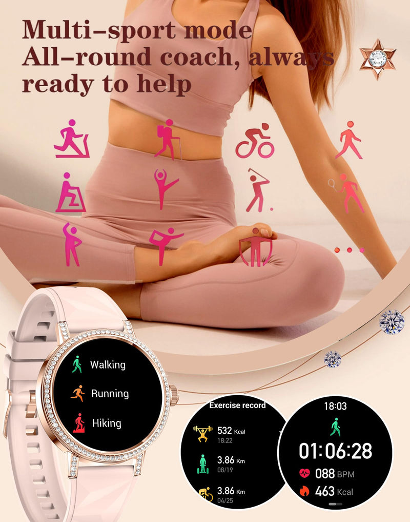 Diamond Smart Watch for Women Bluetooth Call 24/7 Blood Pressure Monitor Heart Rate&Sleep Tracker Fitness Activity Tracker Message Notifications Elegant Rhinestone Dress Smartwatch for IOS & Android Silver-Steel band