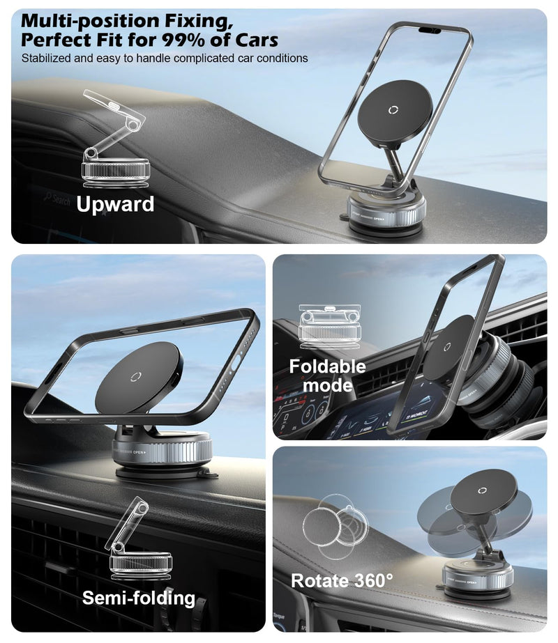 CloudValley 15W Wireless Fast Charging Car Phone Mount, Nano Gel Vacuum Suction Magnetic Phone Holder, 360° Adjustable Car Mount for iPhone 17/16/15/14/13, Strong Grip on Rough Surfaces