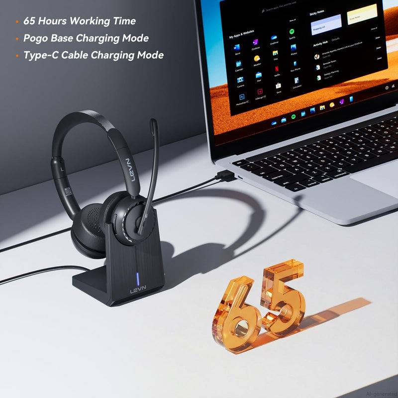 LEVN Wireless Headset, Wireless Headset with Mic for Work, AI Noise Cancelling, 65 Hrs Working Time, Bluetooth Headphones with Microphone from Computer/Call Center/Teams