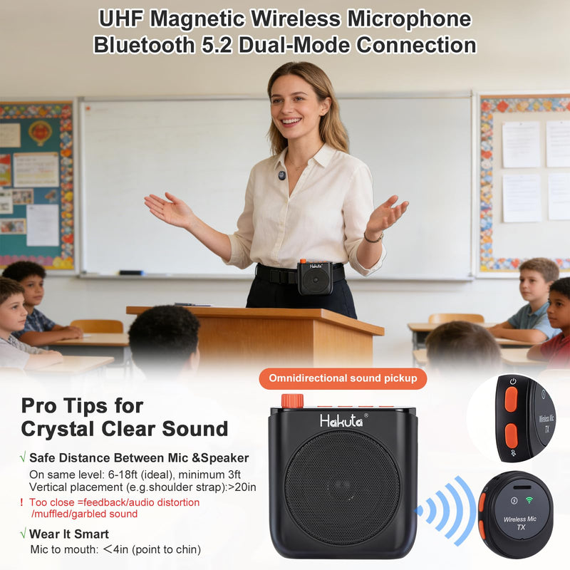 HAKUTA Voice Amplifier with Magnetic Wireless Lavalier Microphone, Portable Bluetooth Speaker for Teachers with 2 Mic, Rechargeable Voice Amplifier for Classroom/Meetings/Training/Outdoor