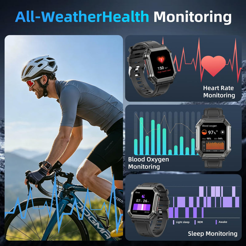 Smart Watch for Men Fitness Tracker: Bluetooth Military Digital Mens Watches Make Answer Call Waterproof Smartwatch Android Phones iPhone Samsung Compatible Running Step Pedometer Heart Rate Monitor Black