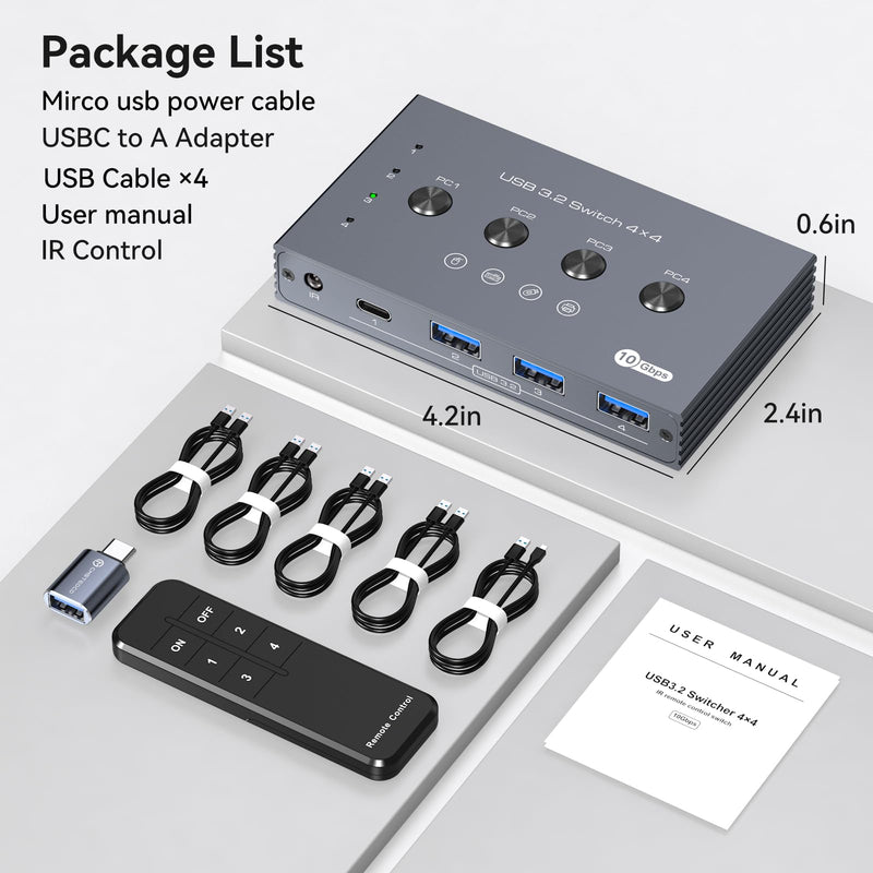 [AUSTRALIA] - USB 3.2 Switch 4 Computers Share 4 USB Devices 4 Port USB Switcher for Mouse Keyboard Scanner Printer with Remote and Cables USB 3.2 4 PC dark gray 