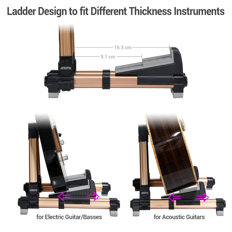 Guitar Stand - Foldable Aluminum Guitar Floor Stand Adjustable for All Types of Guitars, Basses, Ukuleles and Violins, Banjo Easy to Carry Steady Stand Safe Protection (Gold) Gold