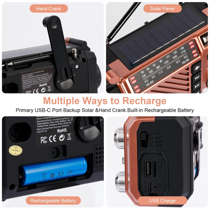 Hand Crank Emergency Weather Radio with 2600mAh/9620mWh Power Bank, NOAA AM FM Shortwave Portable Radio, Solar & USB-C Charging, Flashlight, SOS Alarm for Emergency Kits (Brown) Brown