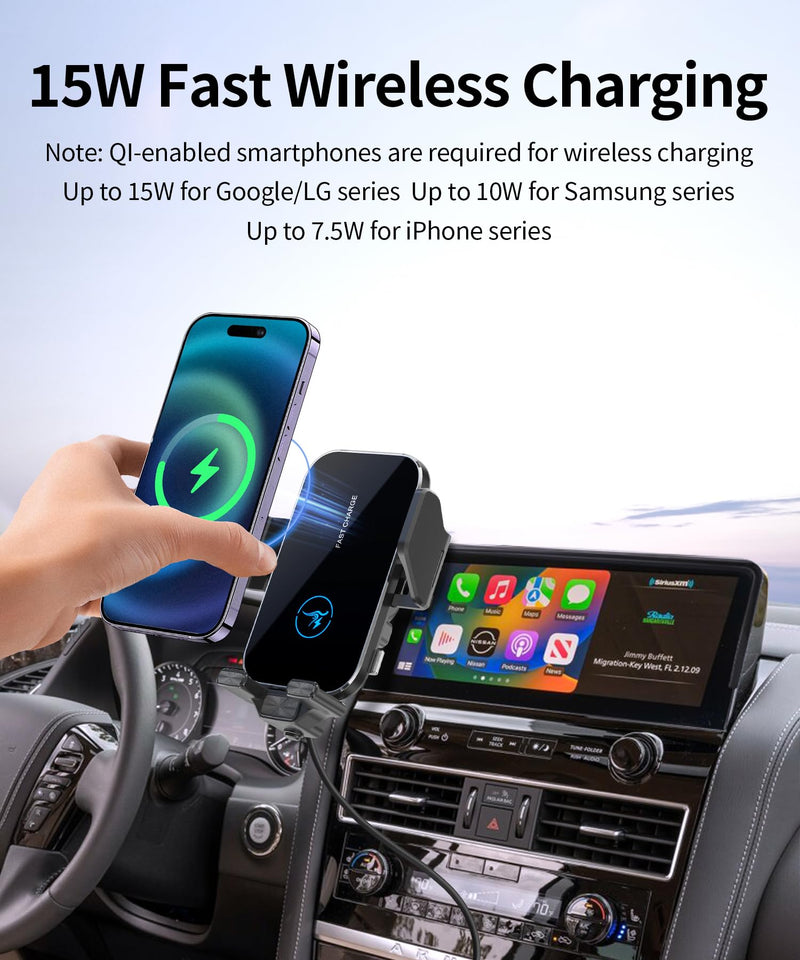 Wireless Charger Car Phone Holder for Nissan Armada 2021-2024, 12.3" Screen | Infiniti QX80 2022-2024, Auto Clamp Cell Phone Mount Accessories 15W Qi Fast Charging Stand Compatible with iPhone Android