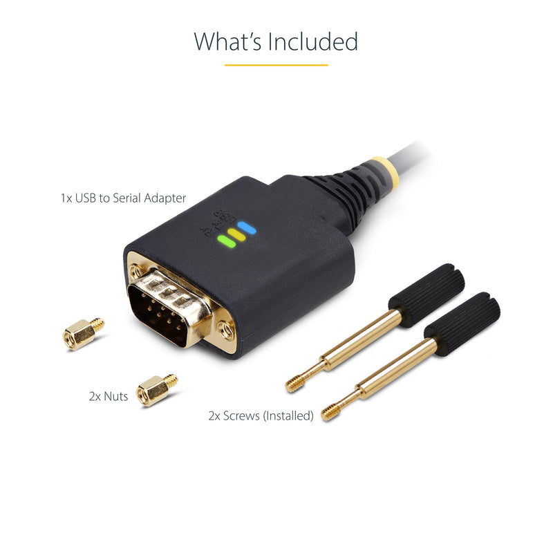 StarTech 6ft USB to Serial Adapter Cable, FTDI (1P6FFC-USB-SERIAL) | USB-A to DB9 RS232, Interchangeable DB9 Screws Nuts, COM Retention, LED Indicators