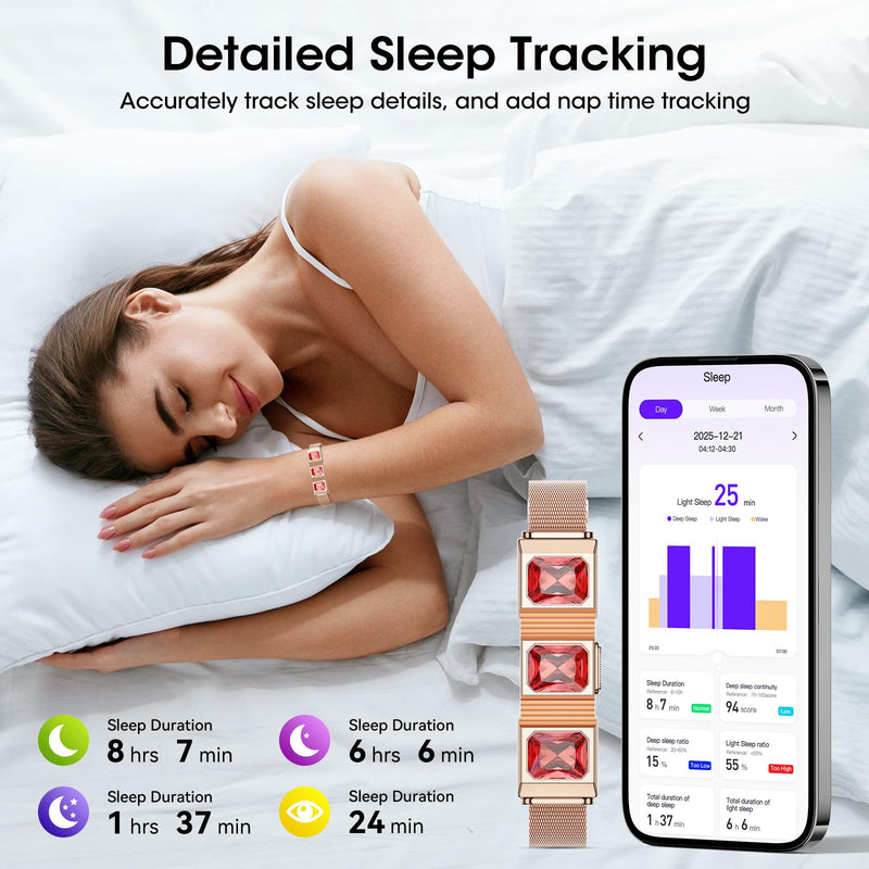Women's Smart Bracelet with 2 Bands, Health Fitness Tracker, 24/7 Heart Rate/Blood Oxygen/HRV/Sleep Monitor, Fashion Ruby Wristband with Message/Call Reminder Free Subscription gold