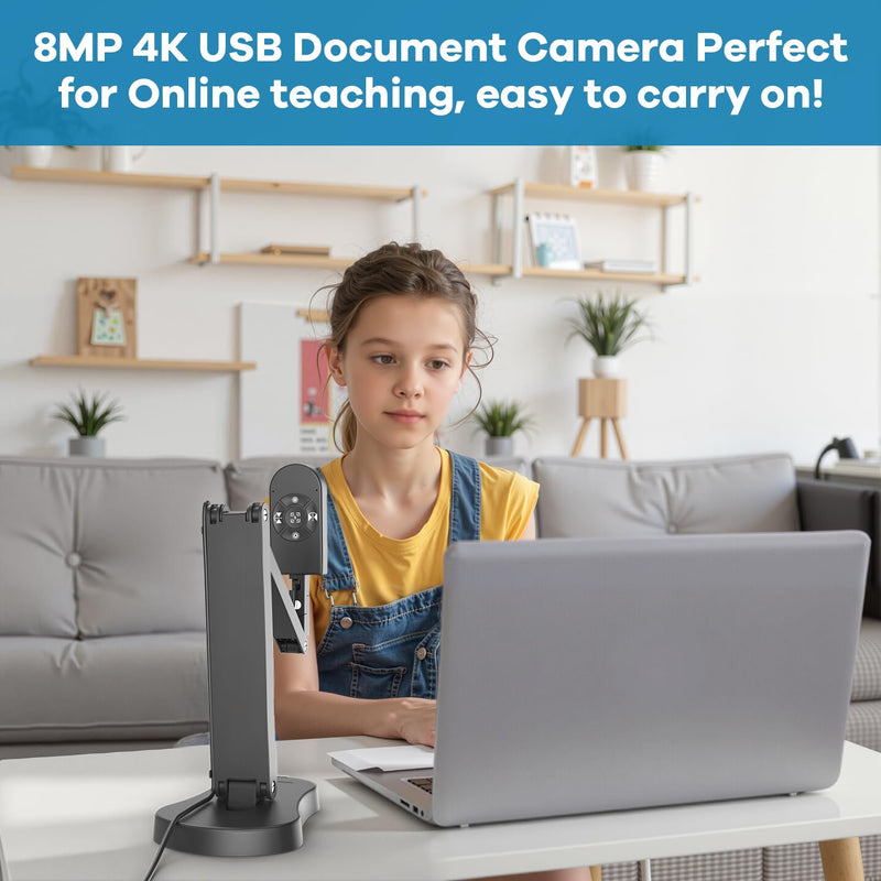 4K USB Document Camera & Webcam for Teachers: 8MP USB with 3-Level LED Light & Mic & Image Invert,Fold, A3 Format for Teaching in Classroom/Distance Learning Educators(Mac/Windows/Chromebook