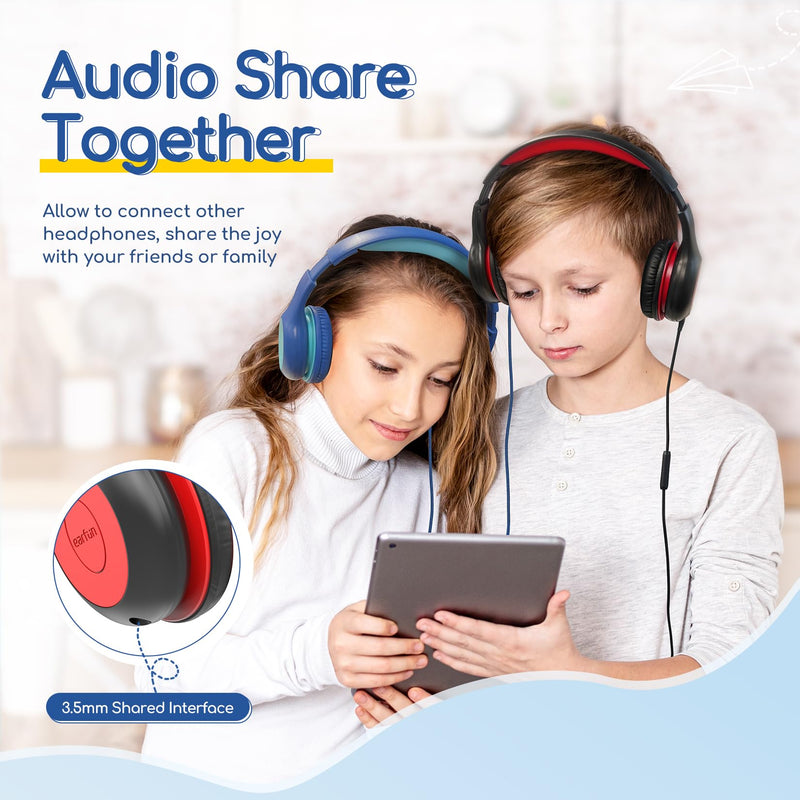 [AUSTRALIA] - EarFun Kids Headphones Wired with Microphone, 85/94dB Volume Limit Portable Headphones for Kids with Shareport, Stereo Sound Foldable Headset for School/Tablet/iPad/Kindle, Black Red Plug 3.5mm 
