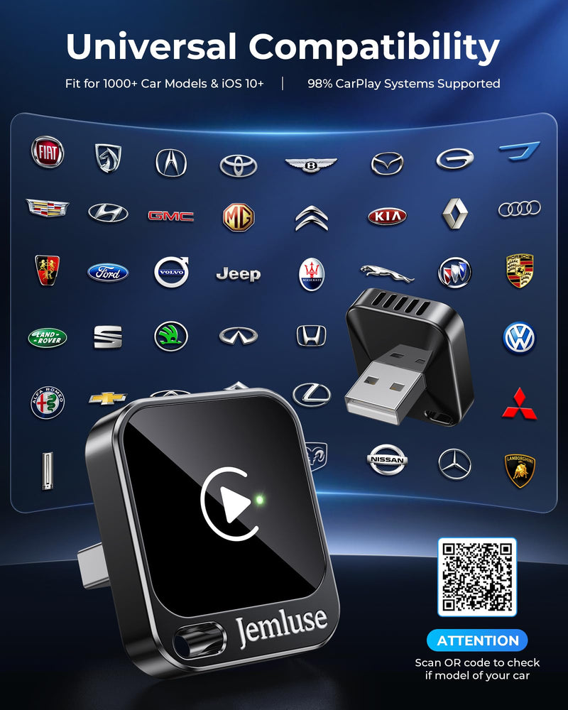 Jemluse Wireless CarPlay Adapter for Apple - Mini Size, Fast Stable Connection Convert Wired to Wireless Car Play Dongle for iPhone iOS 10+, Plug & Play for Cars from 2016+ w/USB-C(Onyx) Onyx