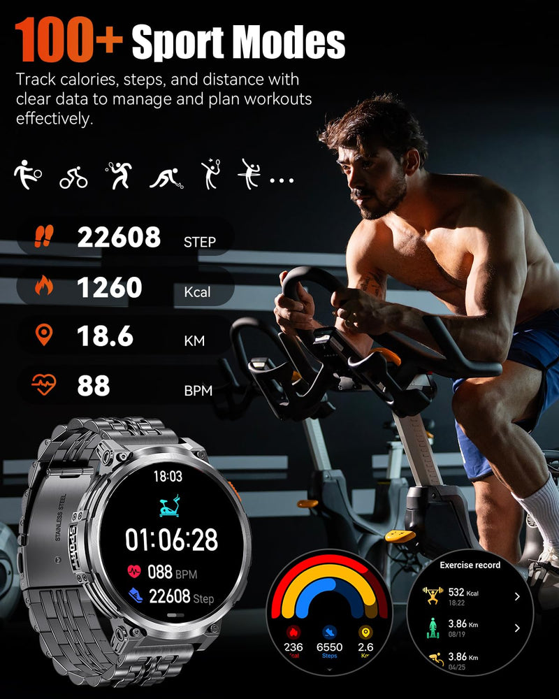 1.85" Big Screen Military Smart Watch for Men with Flashlight, 930mAh Large Battery, IP68 Waterproof, Bluetooth Calling, 114 Sports Modes, Heart Rate/Sleep Monitor for iPhone & Android Black - Silicone & Metal Bands