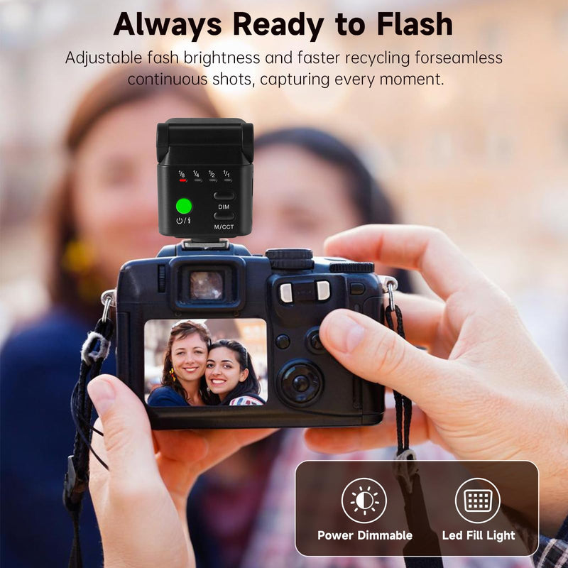 Mini Camera Flash Speedlite with Video Light, GN8 6500K Adjustable External Flash, Universal Single Contact Hot Shoe Mount, Compatible with Canon/Nikon/Sony/Fuji/DSLR Black A
