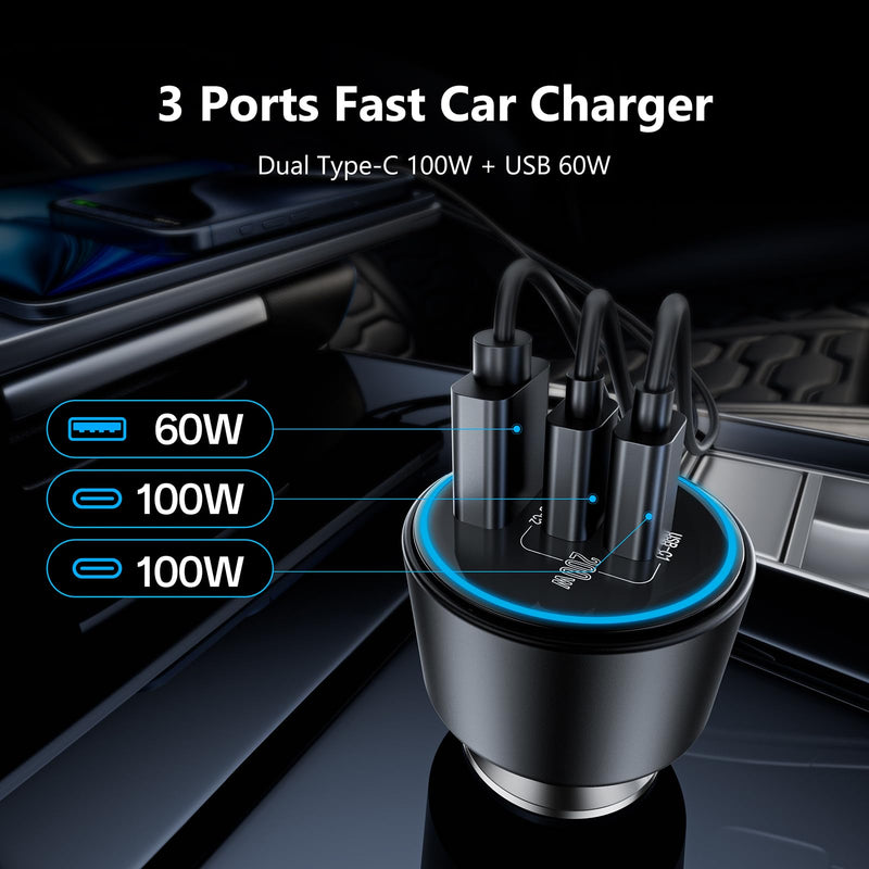 200W Super Fast Car Charger, Adapter with 2×100W USB C to C Cables, | USB C Car Charger PD3.0/QC4.0, 12V-24V Vehicle Compatible, LED Light & Overheat Protection