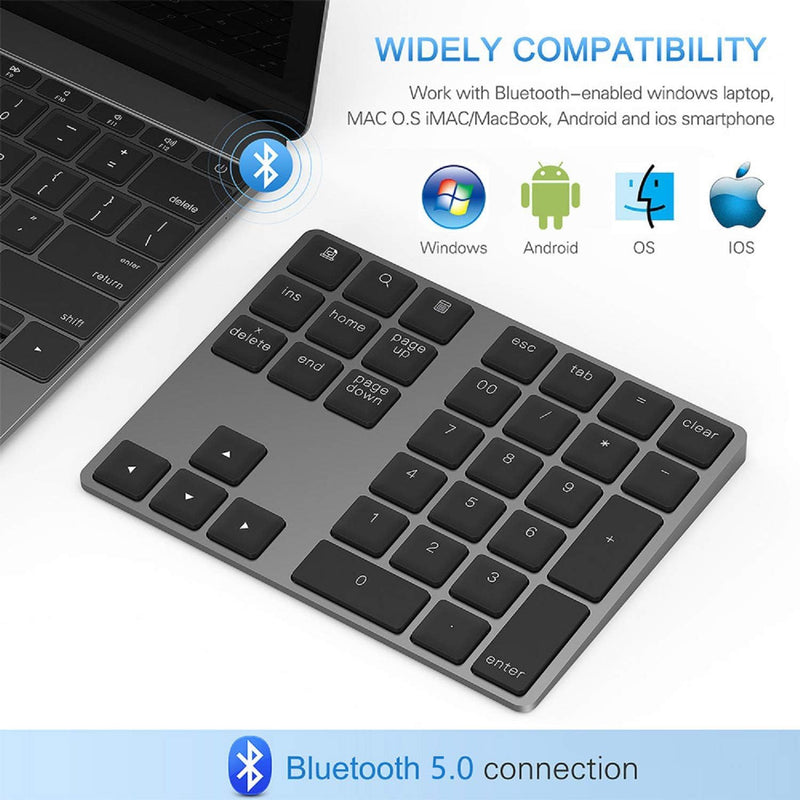Lekvey Bluetooth Number Pad, Aluminum Rechargeable Wireless Numeric Keypad | Slim 34-Keys for Macbook, MacBook Air/Pro, iMac, Laptop, Windows, Surface Pro etc, External Numpad Keyboard Data Entry, Black Bluetooth - Black