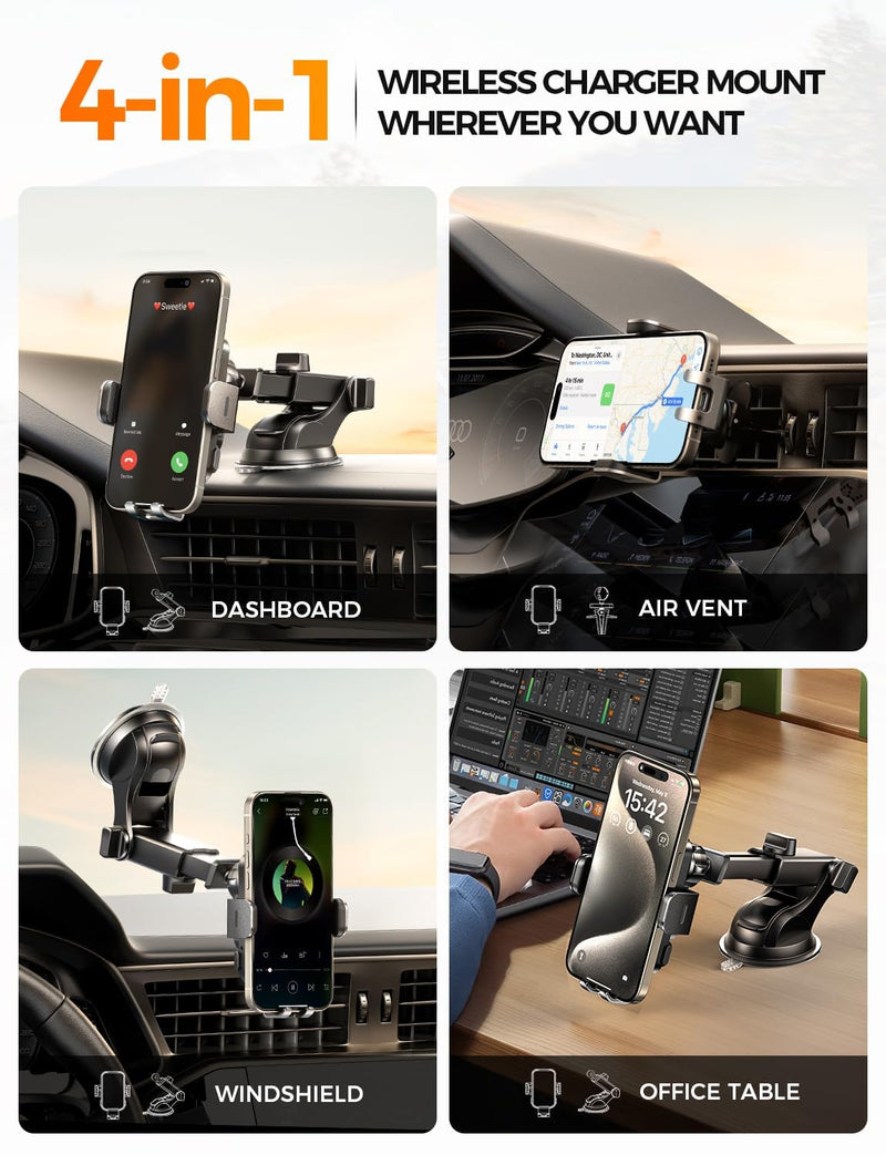 Wireless Car Charger Phone Holder Mount, 15W Fast Charging Auto Clamping Phone Holders for Your Car Dashboard Windshield Air Vent Car Accessories for iPhone, Samsung Galaxy, Google Pixel etc Black