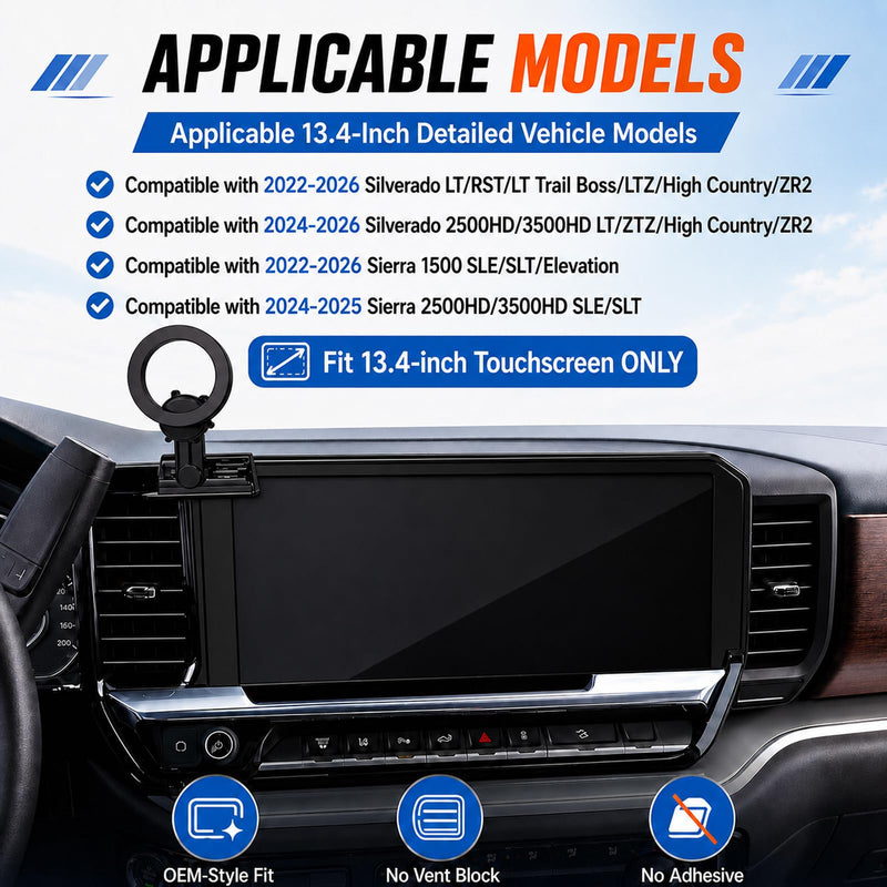 Magnetic Phone Mount for Chevrolet Silverado 1500 2022-2026 for GMC Sierra 1500 2022-2026 for Sierra 2500HD 3500HD 2024-2026, 13.4-Inch Touchscreen Compatible with MagSafe