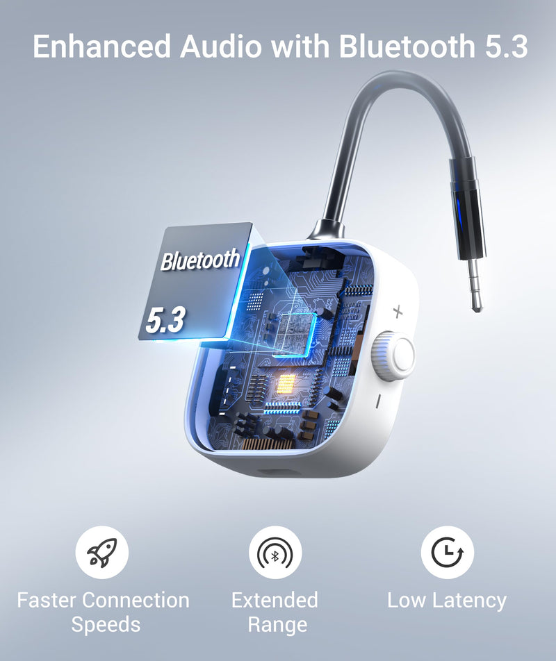 [AUSTRALIA] - Syntech Airplane Bluetooth Transmitter Receiver for 2 AirPods or Wireless Headphones, HD Display Low Latency 3.5mm AUX Jack Bluetooth 5.4 Audio Adapter for Flying, TV, Car, Gym, Home Stereo White 