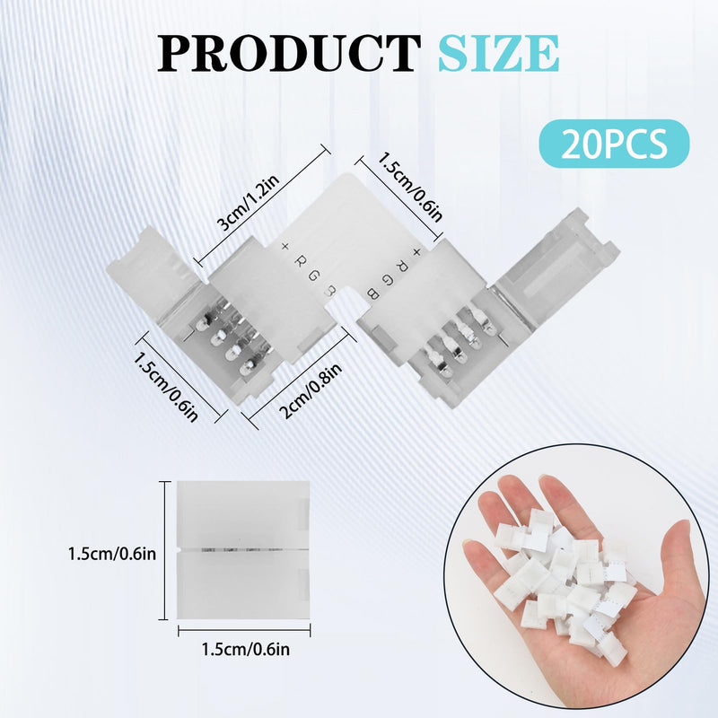 20 pieces 10 mm LED strip connector set, SMD 5050 RGB strips, includes L-shaped light strip connector, 4-pin, 4-pin gapless LED strip connector