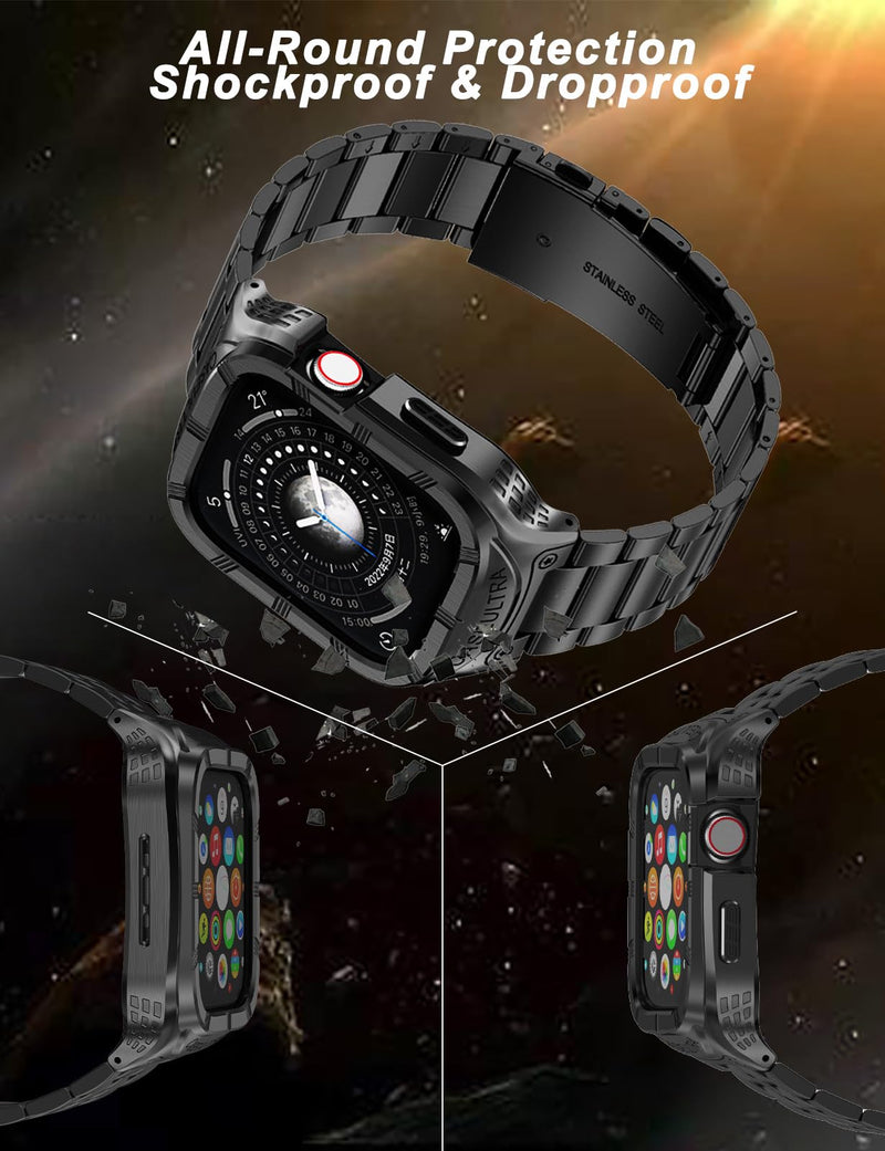 Caseultra Stainless Steel Case/Band Compatible for Apple Watch Ultra Band 49mm 45mm 44mm 42mm,Rugged Metal iwatch Case and Strap for Men Series 9 8 7 6 5 4 3 2 1 Ultra/Ultra 2 Black 45mm/44mm/42mm