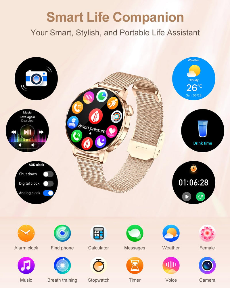 Smart Watch for Women with Bluetooth Calling, 1.27" AMOLED Touchscreen, IP68 Waterproof Fitness Tracker with Heart Rate & Sleep Monitor, 100+ Sports Modes for Android & iPhone