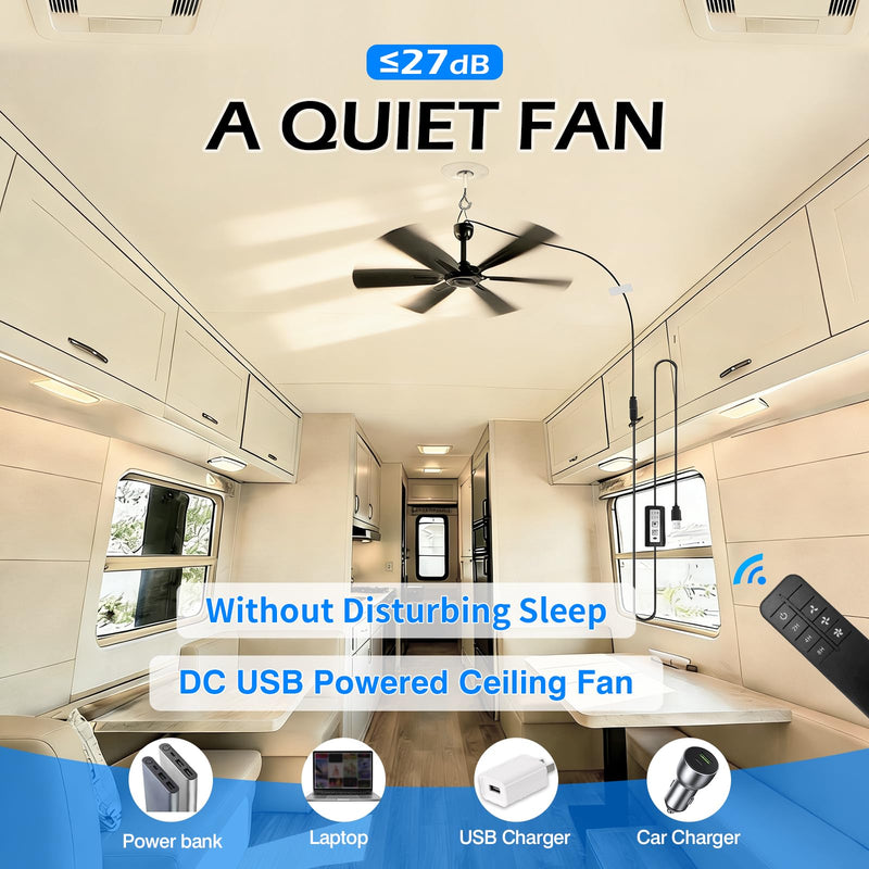 17.7-inch Portable USB Hanging Fan with 6 Blades, Indoor/Outdoor Use for RV, Camping, and Canopy, Quiet Operation，Fan with remote control (with remote control)