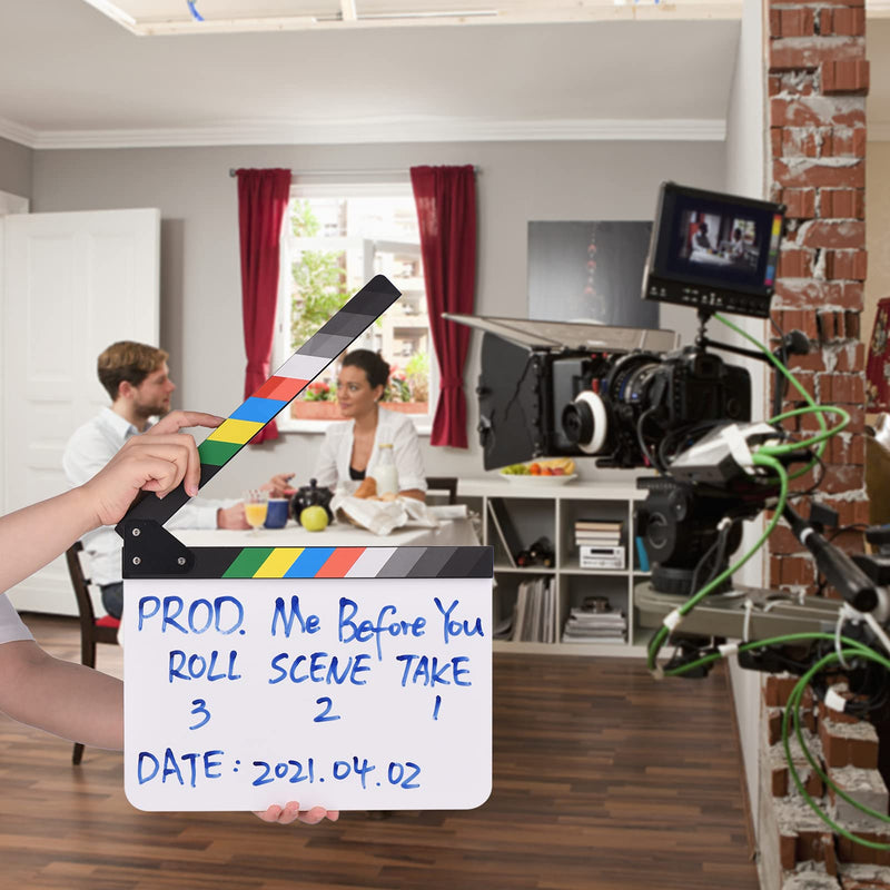 Andoer 30 x 24cm Acrylic Film Clapboard Movie Directors Clapper Board Slate Cut Action Scene Blank Clap Board Dry Erase with Multicolored Sticks