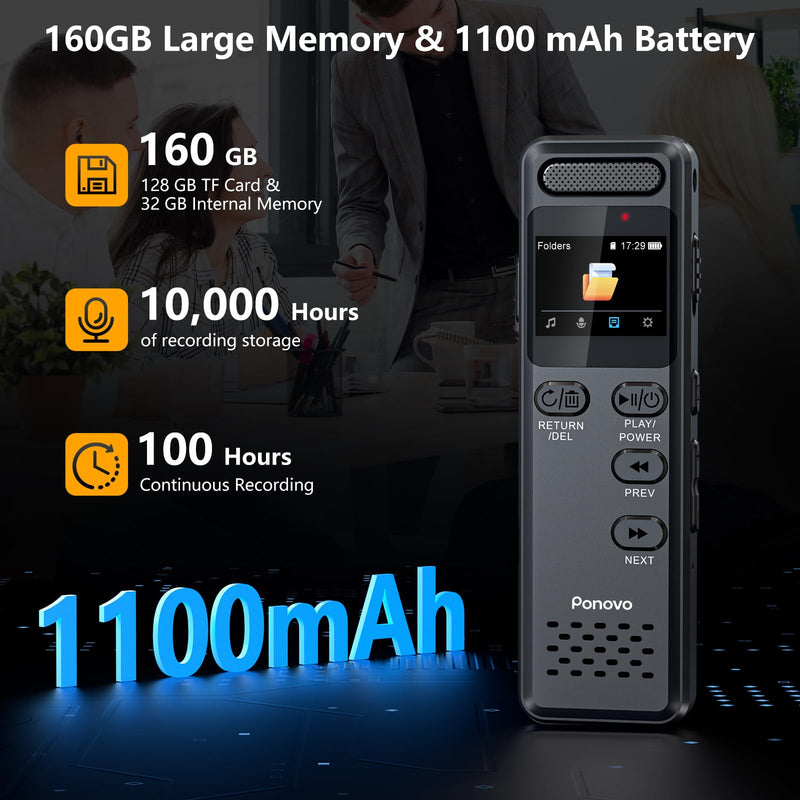 [AUSTRALIA] - 160GB Digital Voice Recorder with Playback, 1100mAh Audio Recording Device for Lecture Interviews, 1536Kbps Voice Activated Recorder with Noise Reduction, Password, External Microphone 160GB 